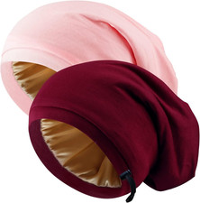 2 Pcs Adjustable Silk Hair Bonnet for Sleeping, Satin Lined Sleep Cap for Women