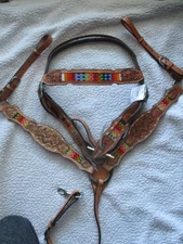 NEW RUGGED RIDE BEADED TACK SET W/BREAST COLLAR,  HEADSTALL, HORSE SIZE LITE OIL