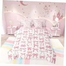 7 Pcs Pink Bow Comforter Set,Princess Ribbon Bow Dreamy Twin White and Pink