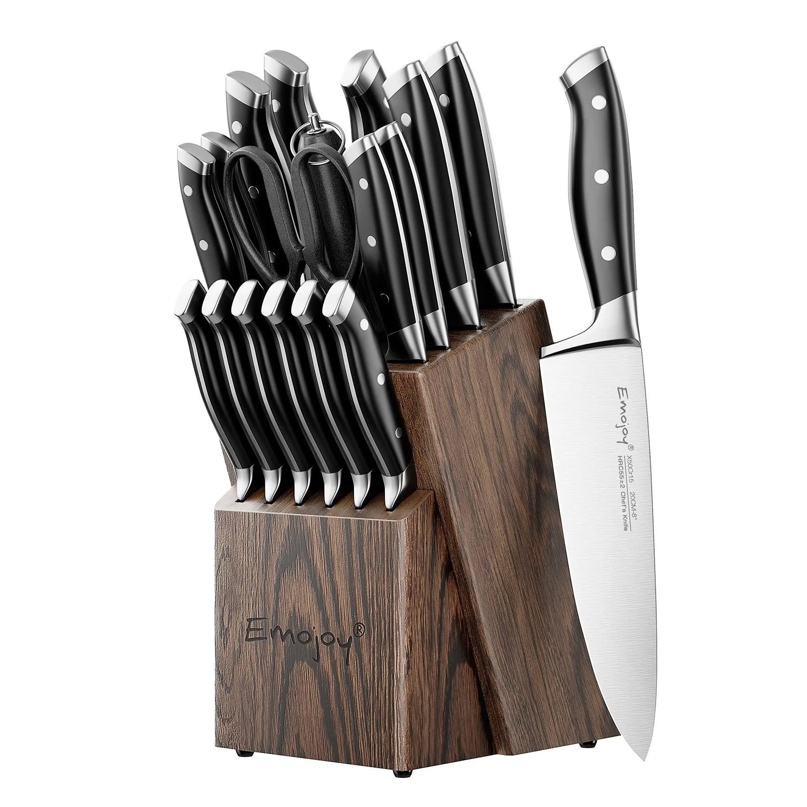 Emojoy Knife Set, 18-Piece Kitchen Knife Set with Block Wooden, Manual Sharpenin