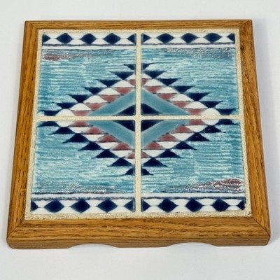 Vintage Southwest Tile Trivet Oak Wood Frame 7.25 Inch Geometric Blue Pink Boho