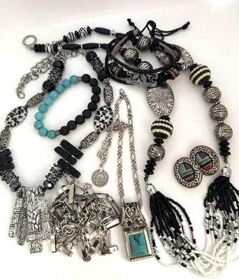Vintage to Modern Jewelry Lot Chunky Boho Fashion Costume Black and Silver Tone