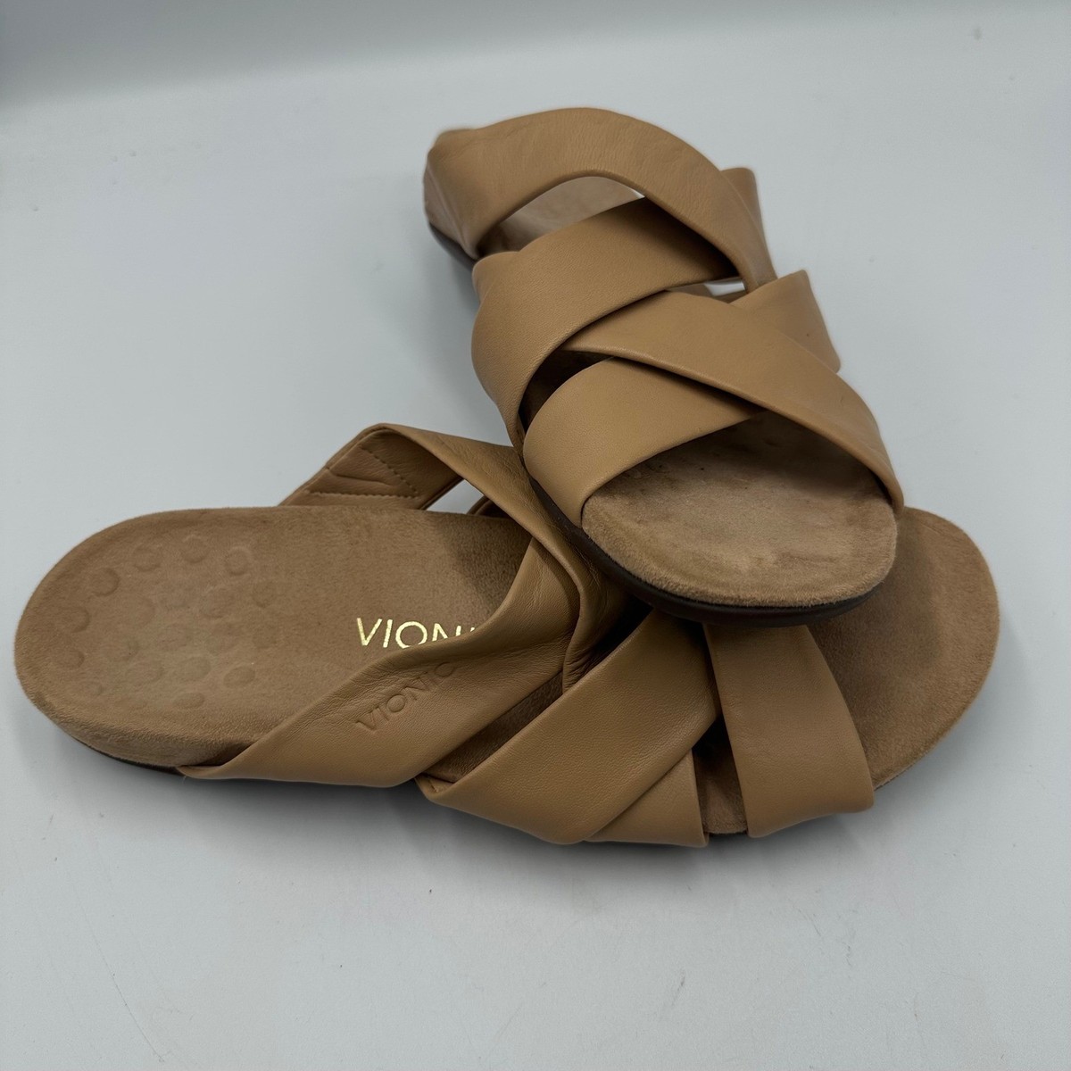 Vionic Juno Slide Sandals Womens 11 Tan Leather Crisscross Orthotic Arch Support