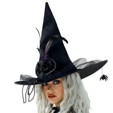 Halloween Witch Hat with Flower Feather Black Detachable Spider Witch Hat Cos...