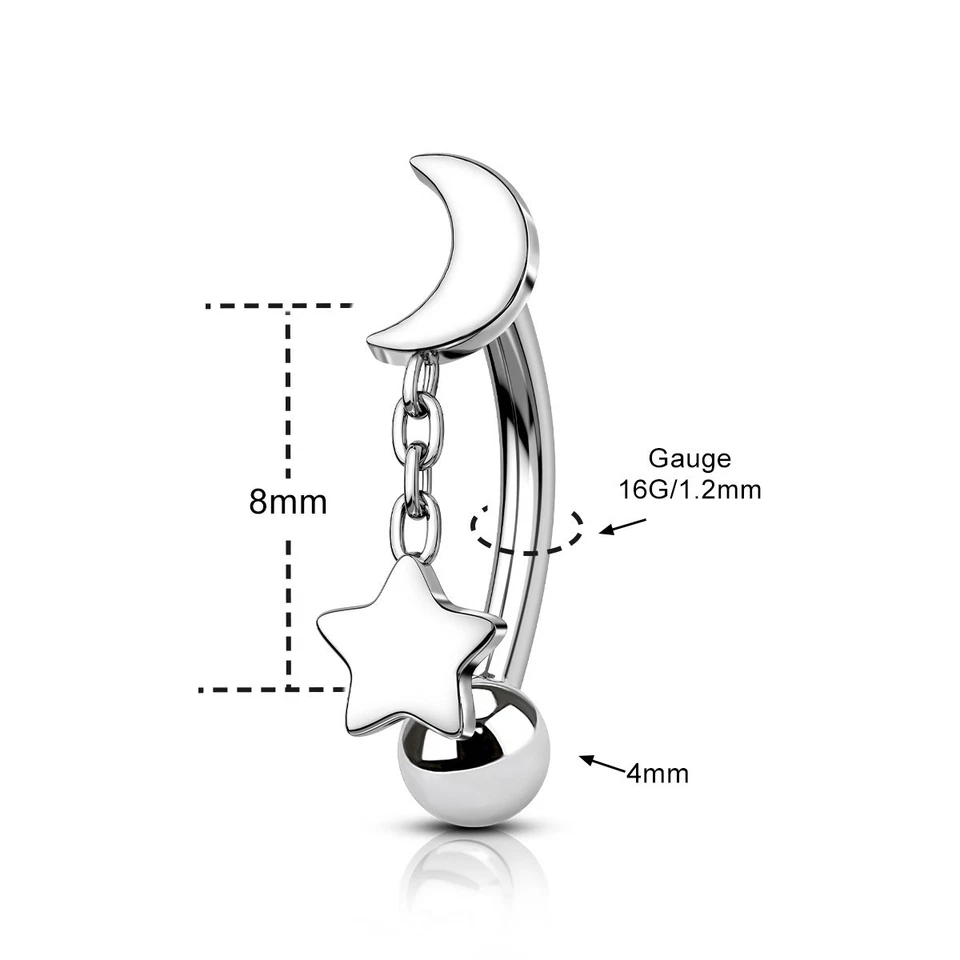 G23 Titanium Eyebrow Stud Moon Star Cartilage 16G 8mm Snug Piercing Jewelry - Image 2 of 4