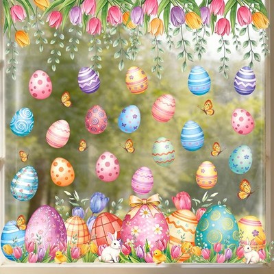 8 Sheets Easter Window Clings for Glass Windows Large Easter Eggs Window Deca...