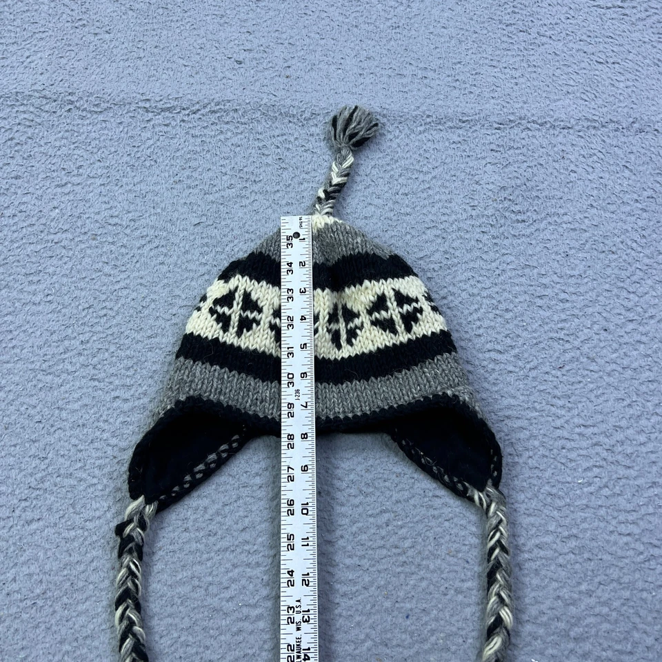 Aba de orelha D&Y Beanie Toque adulto sistema operacional listrada preta/cinza 100% lã feita tecido Nepal - Imagem 3 de 4