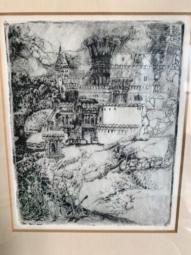 Vintage Grafik Feder und Tusche Fantasy gerahmte Wandkunst Zeichnung mythisches Schloss SIGNIERT - Bild 2 von 12