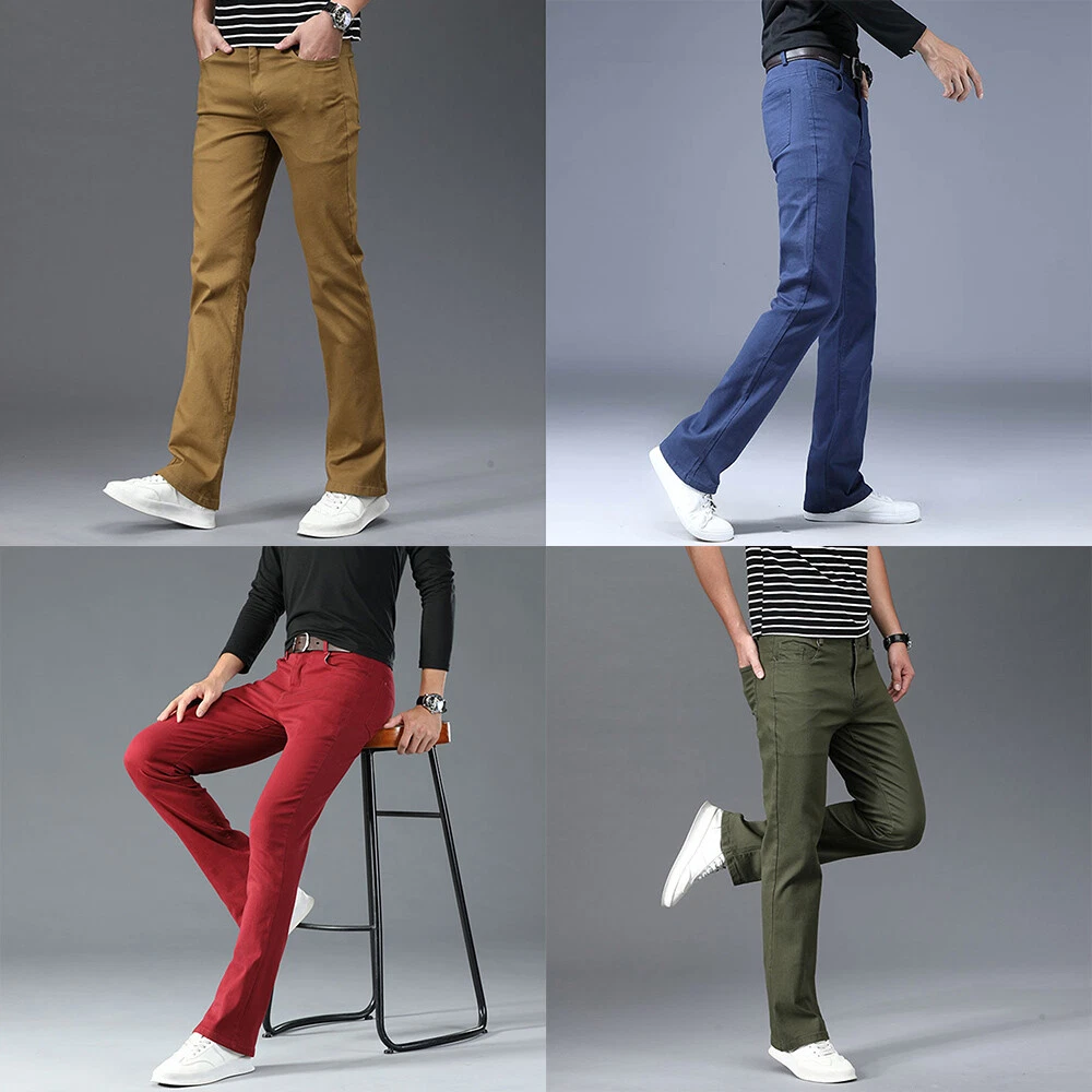 Men Stretch Khakis Trousers Slight Bell Bottom Slim Fit Cargo Denim Flared Pants