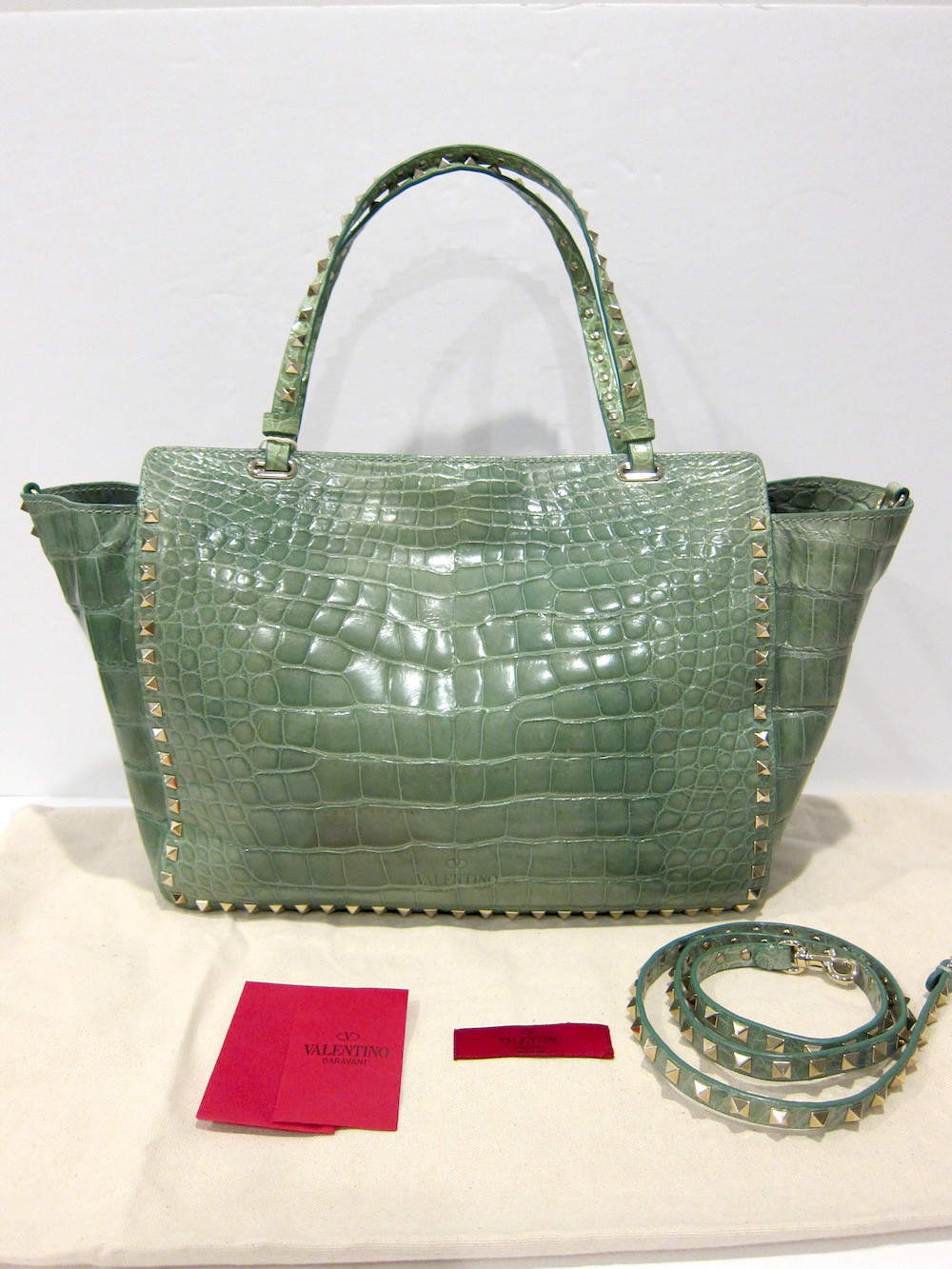 VALENTINO CROCODILE EXOTIC ROCKSTUD STUDDED TRAPEZE BAG $16,300 (MINT) image 6
