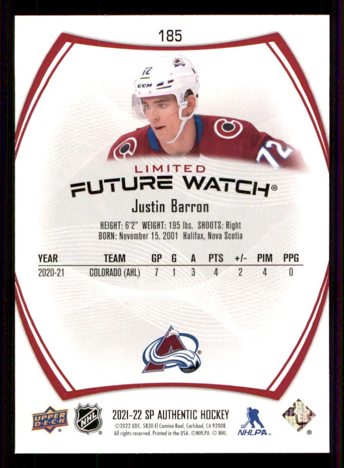 2021-22 SP Authentic Limited Red #185 Justin Barron FW - Image 2 of 2