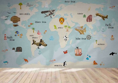 3D Cartoon World Map Wallpaper Wall Mural Removable Self-adhesive 859