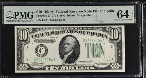 1934A $10 Federal Reserve Note Fr-2006-C Philadelphia PMG64 Choice EPQ