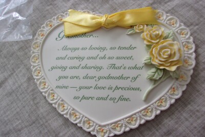 Vtg Avon Godmother Plaque Wall Hanging 1996  Yellow Roses & Ribbon Heart Shape