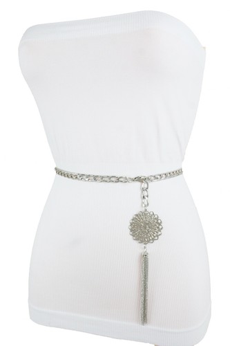 New Women Silver Metal Chain Belt Hip Waist Tassel Fringe Flower XS S M L XL XXL - Picture 3 of 12