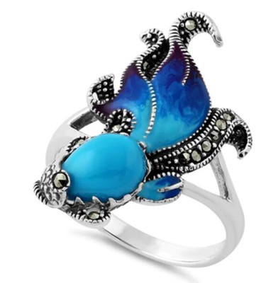 Sterling Silver Simulated Turquoise Fish Ghost Marcasite Ring Sz 5-11