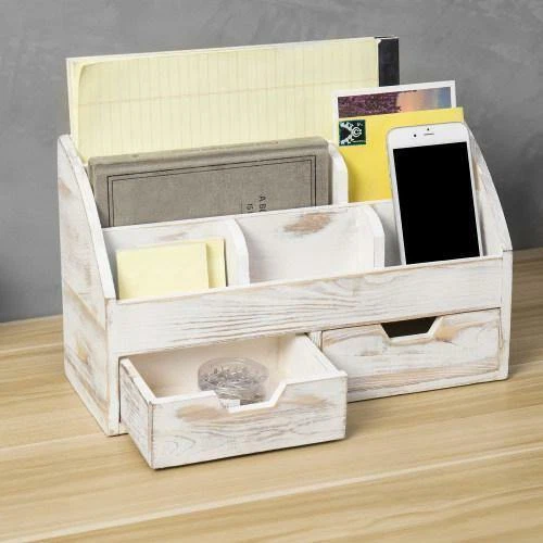 Whitewashed Wood Desktop Organizer, Office Supplies and Mail Holder Desk  Caddy