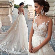 Lace Applique Wedding Dresses O-Neck Sleeveless Backless A Line Bridal Gowns