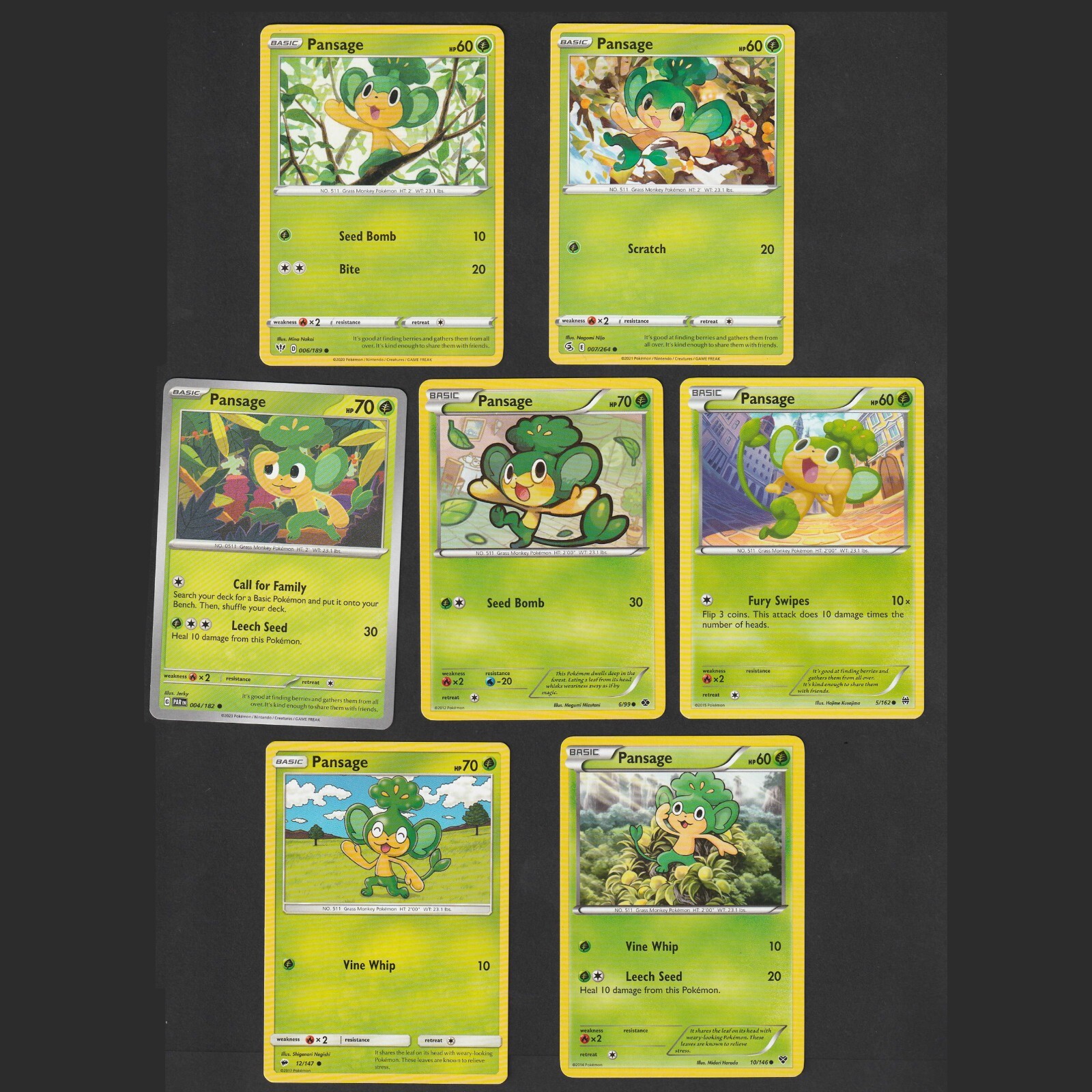 Pansage Pokemon Card Collection Set of 7 English Cards Grass Type Cute Rare