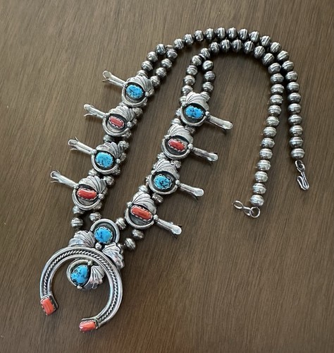 Vintage Navajo Turquoise Coral Squash Blossom Necklace Signed WW Sterling - Picture 5 of 21
