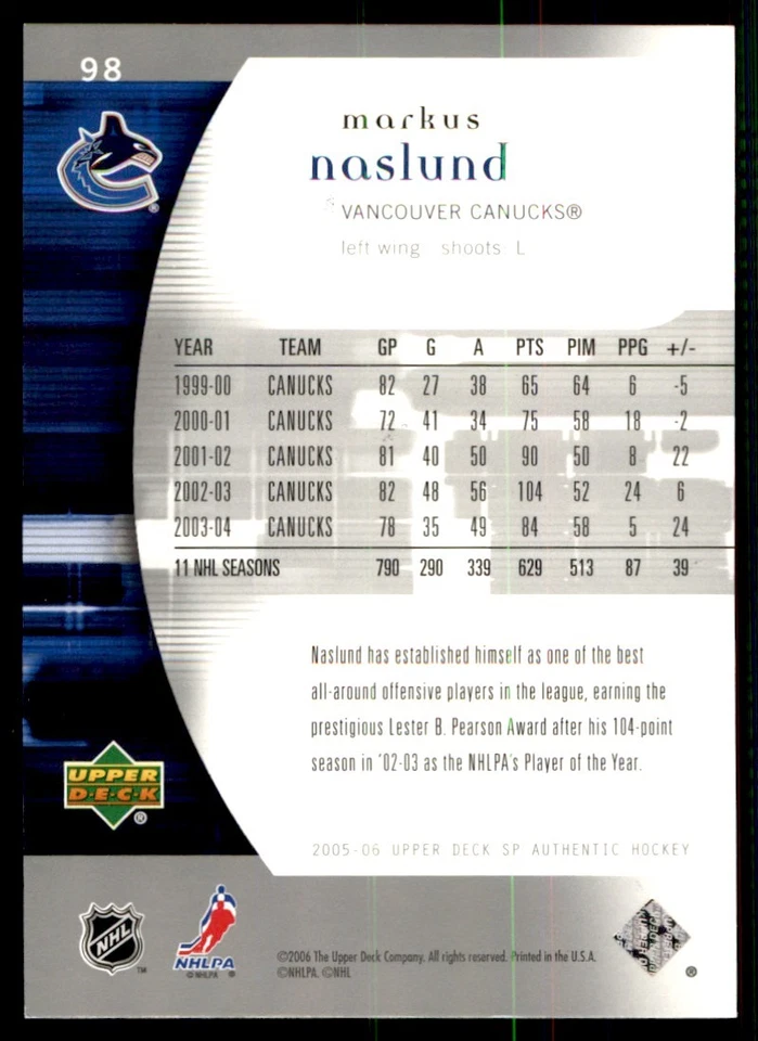 2005-06 SP Authentic Markus Naslund Vancouver Canucks #98 - Image 2 of 2