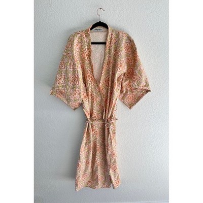 Sally Spicer Vintage Orange Olive Floral Damask Kimono Robe Grannycore OS