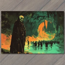 Art Print Grim Reaper Cloaked Skeleton Cave Crowd Water Reflection Fire Orange