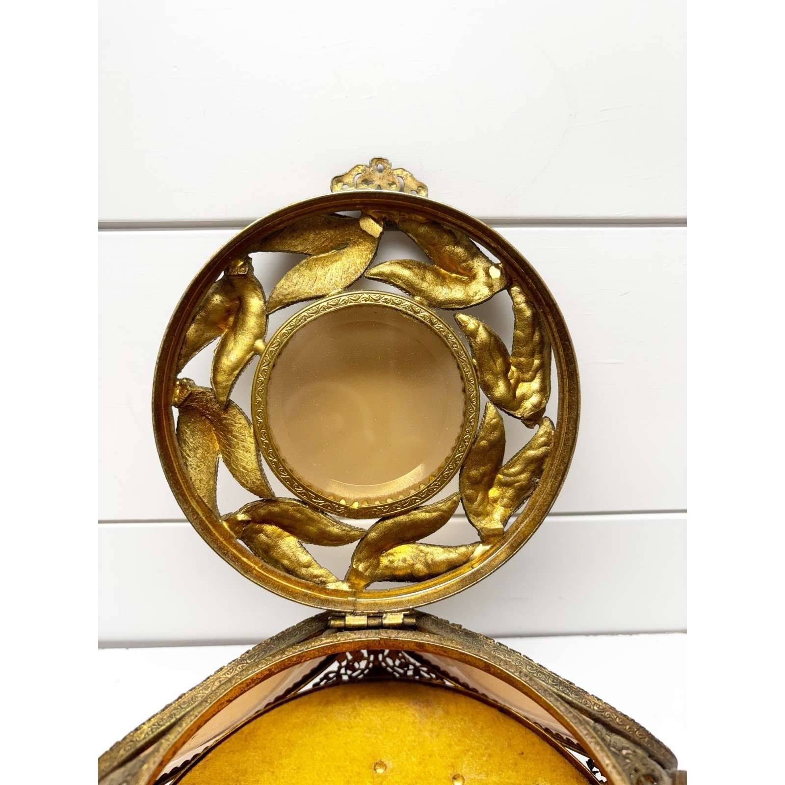 French Filigree Ormolu Jewelry Box Trinket Casket 5 Amber Glass Panels Tufted