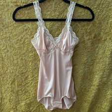 Vintage OLGA Secret Hug BODYSUIT Nylon SATIN Stretch Panty BRA Girdle Lace M NOS