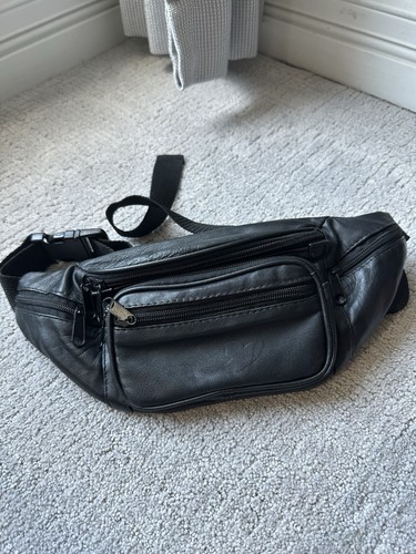 Black Faux Leather 6 Pocket Fanny Pack Waist Pack Adjustable Strap Travel NEW - Picture 1 of 3