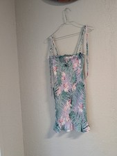 Smocked Floral Mini Dress Xs Tropical Ruffle Stretch Adjustable Straps Sundress