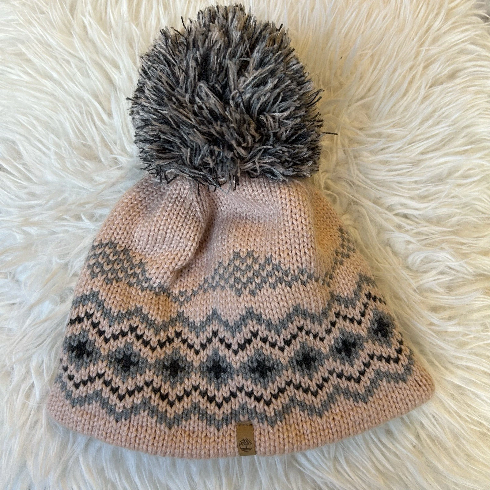 Timberland Fair Isle Winter Women’s Beanie Hat Pom Pom Pink Grey Fleece Lined