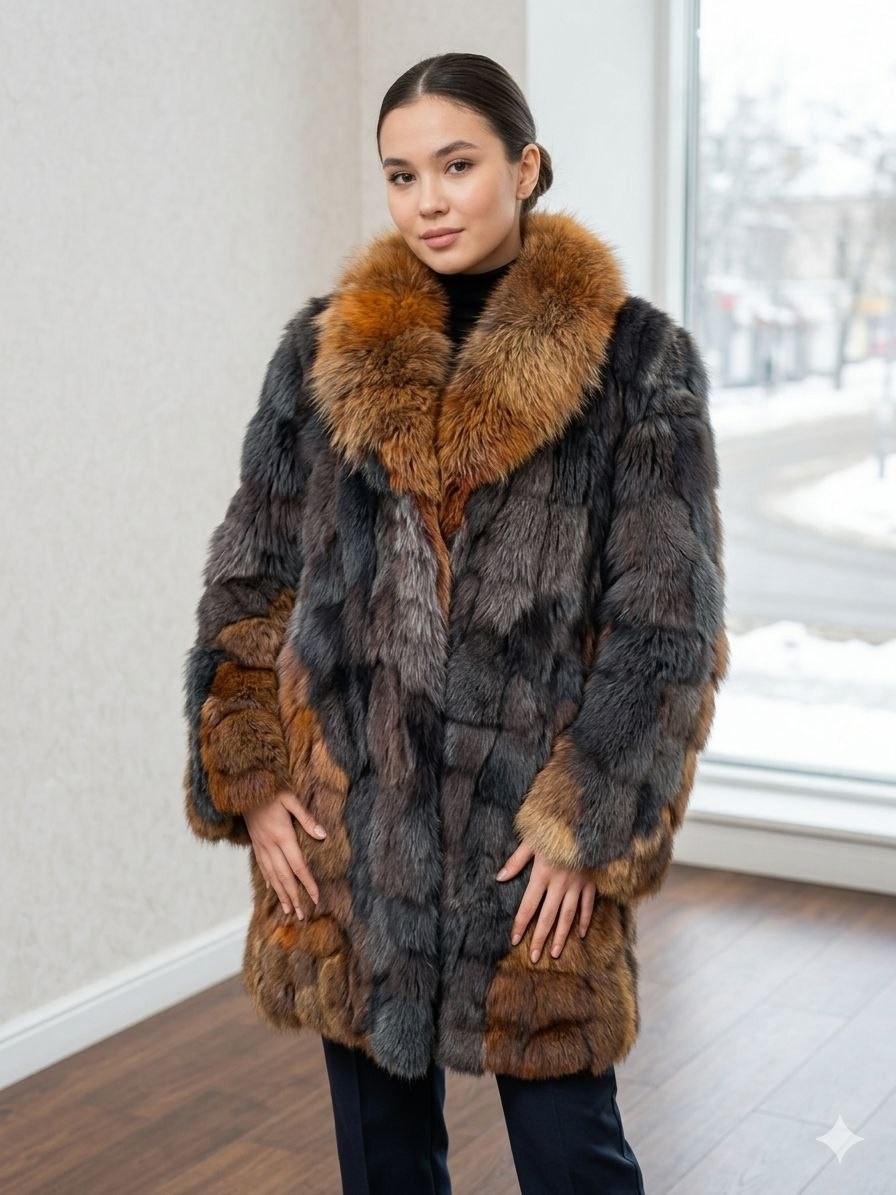 Vintage Real Fox Fur Coat Patchwork Colorblock Long Jacket Boho size L