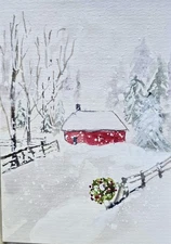 Original Signed Watercolor Painting.  Christmas landscape. cottage.  Holiday
