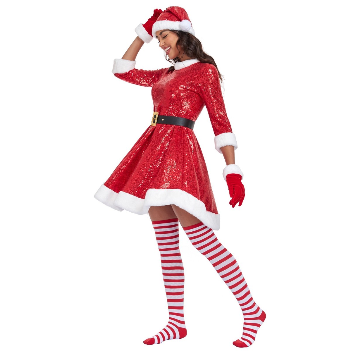 Women Santa Claus Red Sequin Santa Dress with Belt Hat High Socks Gloves