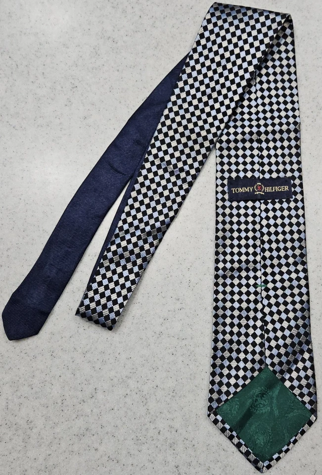 Corbata Tommy Hilfiger Azul Negro Plata 100% Seda - De Colección RARA Cresta de León Años 90 Foto 2 de 4