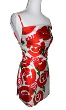 Anglys Balek Floral Satin Mini Dress Medium Red Rose Print Open Back Party Dress