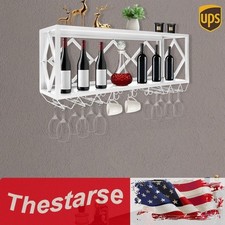 Wall Mounted Wine Bottle Rack w/ Stemware Holder Hanging Metal Bar Shelf Display