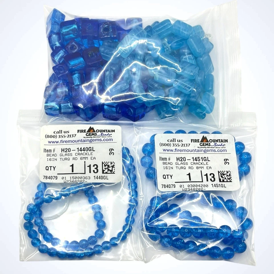 Czech Glass Beads Lot Blue Crackle Round Square Pressed Rectangle Swirl 6 - 12mm - Image 4 of 4