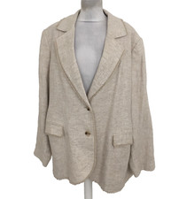 M&S Women's Blazer Size 24 Beige Linen Blend Pockets Lined Fringe Detail New