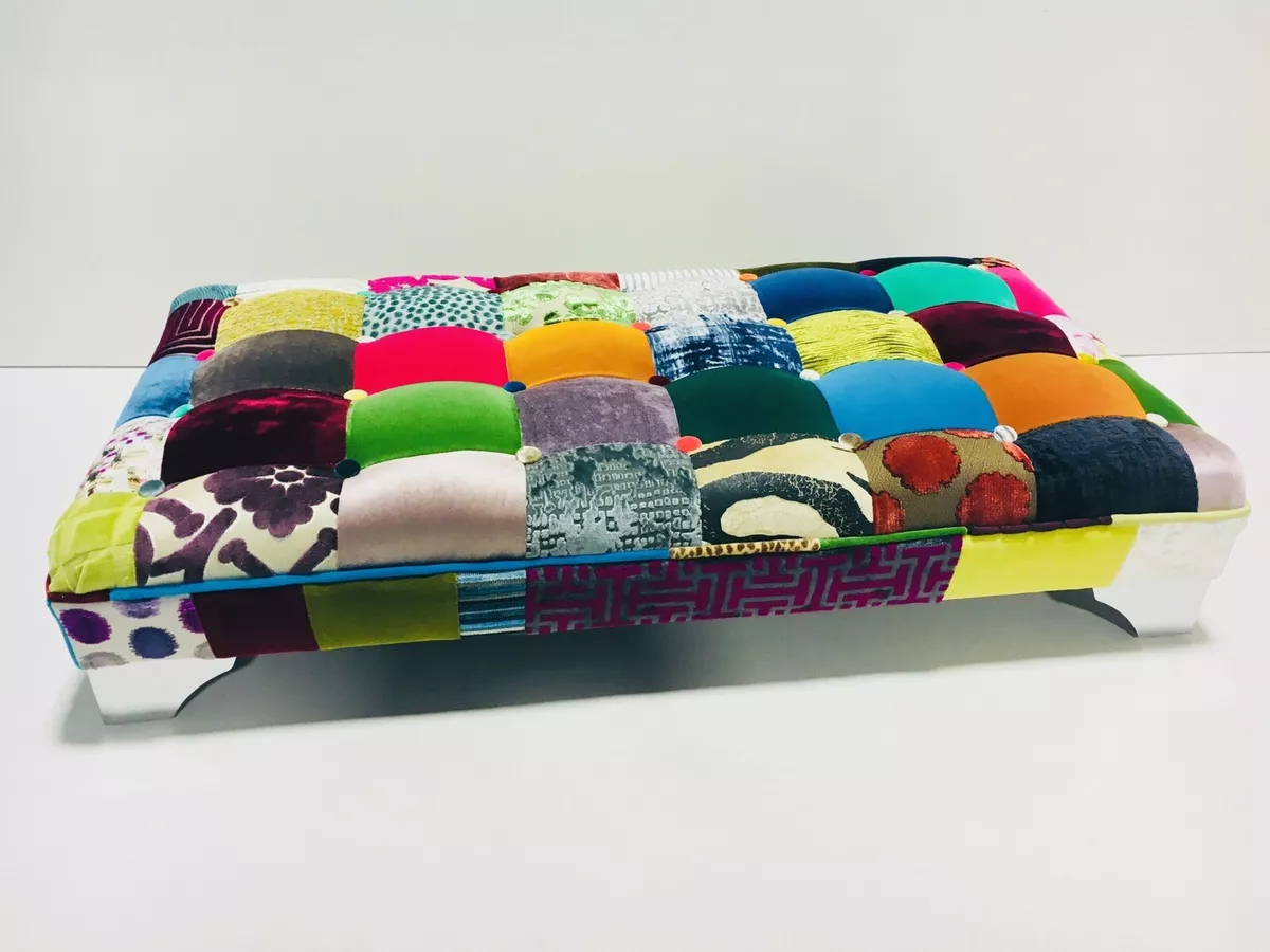 New Stunning Manhattan Designer Patchwork Footstool Chrome Corner Feet