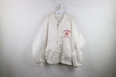 Vtg 80s 90s Streetwear Mens 2XL Recycling Waste Satin Bomber Jacket White USA