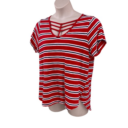 Camiseta tejida Maurices 24/7 para mujer talla 1 roja blanca azul marino a rayas manga corta - Imagen 2 de 9