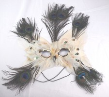 Unique Mardi Gras Carnival Mask White with Peacock Feathers