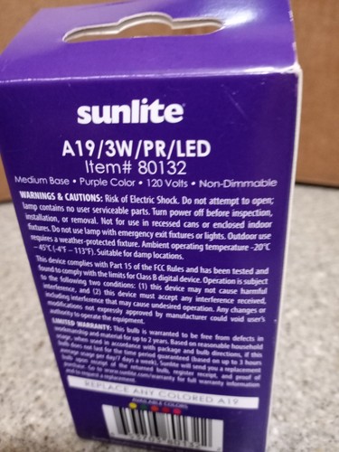 sunlite LED A Type PURPLE light 3 watts 120 volts bulb - Picture 2 of 2