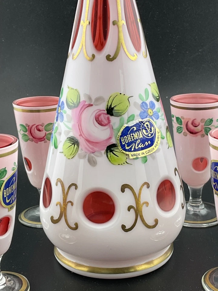 czech bohemian white cut to ruby overlay glass decanter set - Image 3 of 4