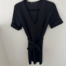 Zara belted short sleeve black Vneck dress