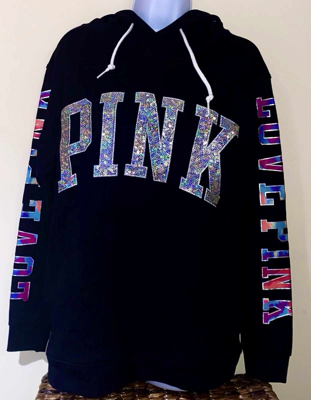 UNDERCOVER Felpa con cappuccio Victoria’s Secret ROSA paillettes Bling acquerello tie dye olografica nuova con etichette