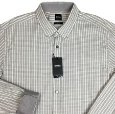 Mens Hugo Boss Long Sleeve Shirt XL X-Large Slim Fit Gray White Checked NEW 138