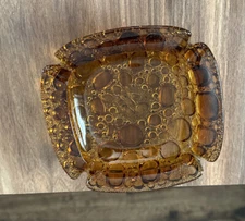 VINTAGE AMBER GLASS PEBBLE BUBBLE ASHTRAY TEXTURED ART GLASS MCM 6”